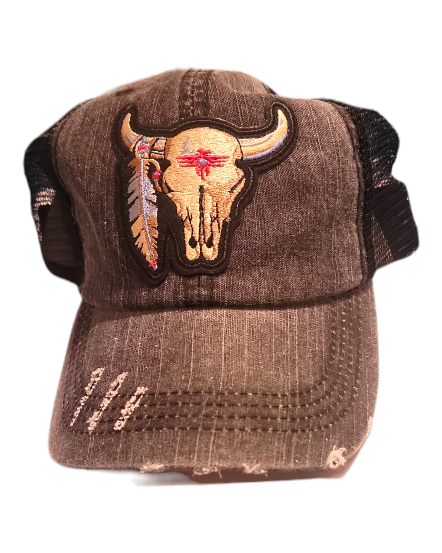Distressed Bull Skull Trucker Pony Tail Hat