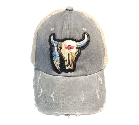 Distressed  Bull Skull Trucker Pony Tail Hat