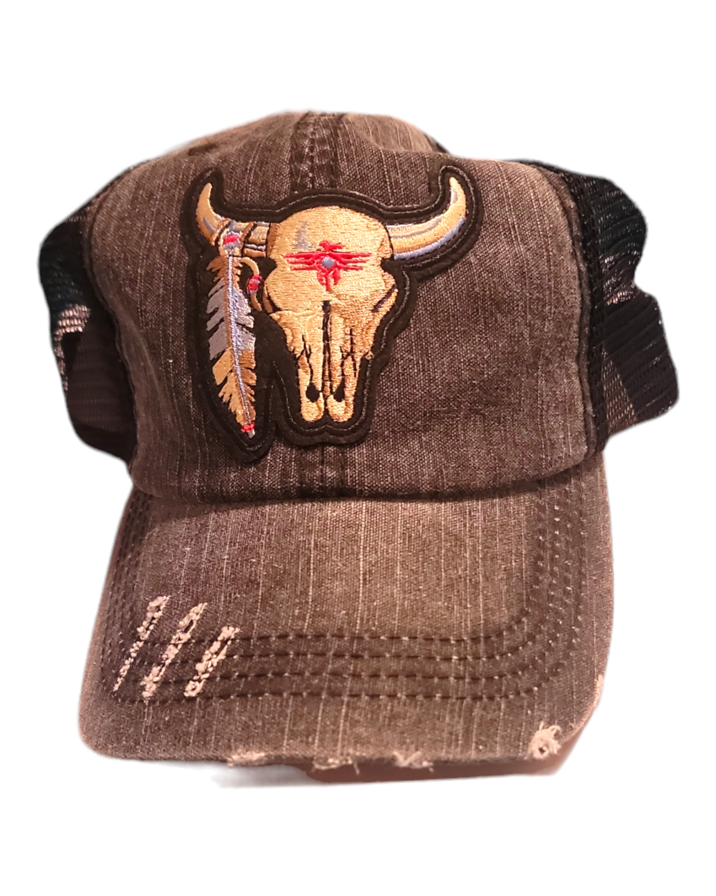 Distressed  Bull Skull Trucker Pony Tail Hat